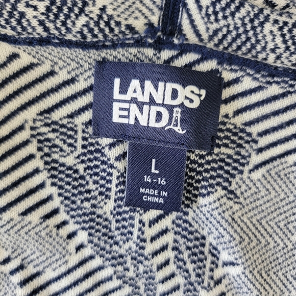 Lands' End Jacquard Open-Front Long Cardigan Sweater Deep Sea Navy Chevron Sz L - Picture 6 of 10